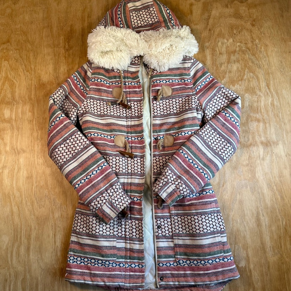Roxy Girls Southwestern Geometric Stripe Hooded Parka Faux Fur Trim Small